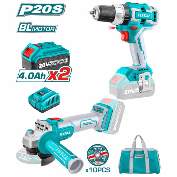 Επαγγελματικό σετ BF Total δράπανο/βίδο κρουστικό και γωνιακός τροχός μπαταρίας Li-ion 20V 4Ah, μοντέλο TCKLI6015