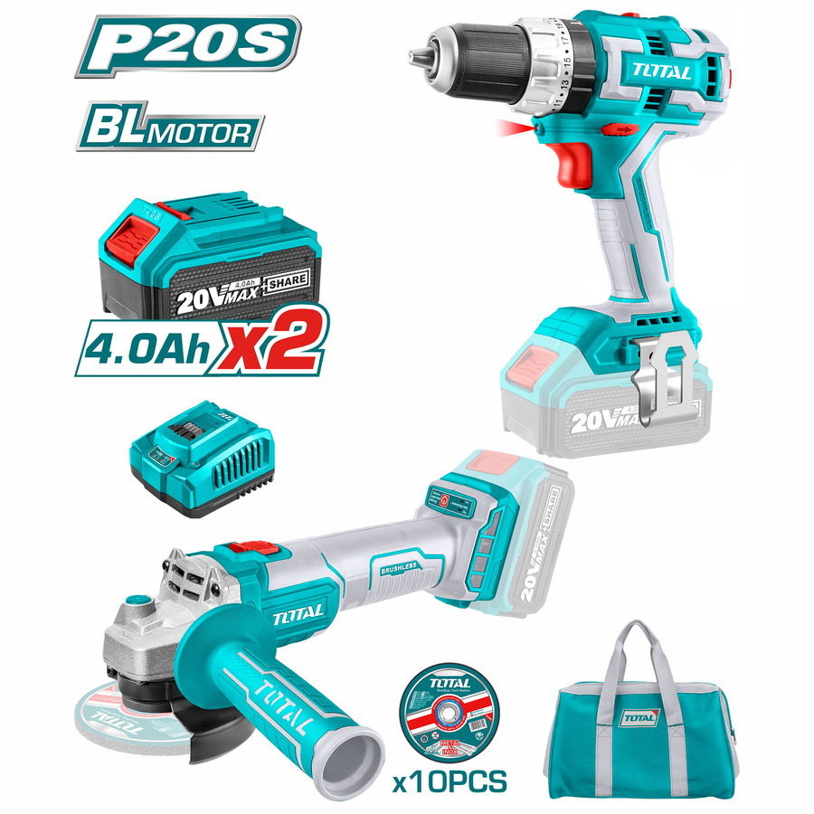 Επαγγελματικό σετ BF Total δράπανο/βίδο κρουστικό και γωνιακός τροχός μπαταρίας Li-ion 20V 4Ah, μοντέλο TCKLI6015