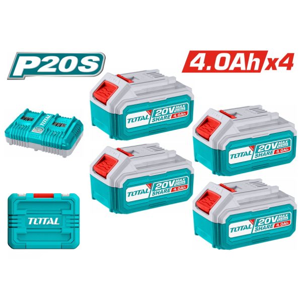 Επαγγελματικό σετ Total με 4 μπαταρίες Li-ion 20V 4Ah TFBLI2002 και διπλό φορτιστή TFCLI2034E μοντέλο TFBCLI20244