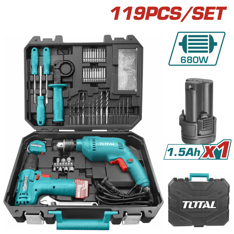 Σετ BF Total ηλεκτρικός δράπανος 680W και δράπανο/βίδο μπαταρίας Li-ion 12V 1.5Ah 119 τεμαχίων, μοντέλο THKTHP1192