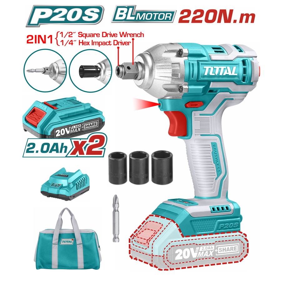 TIWLI20208 Total 2 σε 1 μπουλονόκλειδο και κατσαβίδι μπαταρίας Li-ion 20V 2Ah με 2 μπαταρίες, μοντέλο TIWLI20208