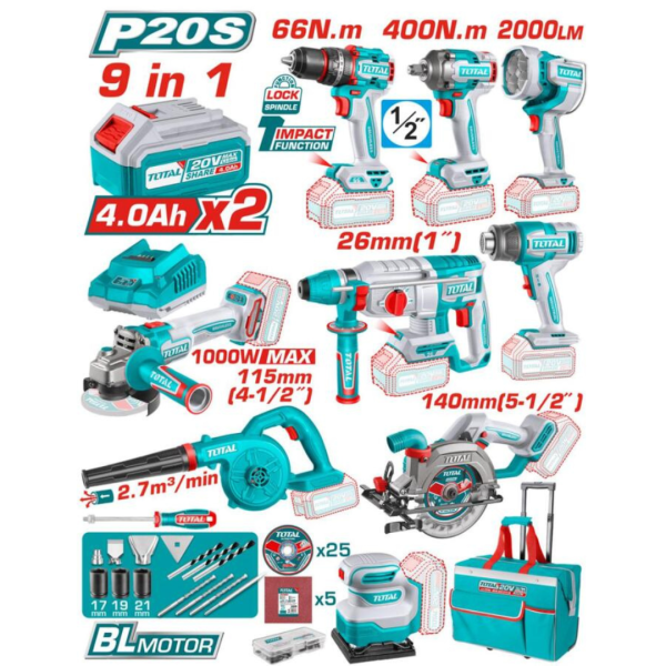Επαγγελματικό σετ Total 9 εργαλείων μπαταρίας Li-ion 20V με 2 μπαταρίες 4Ah και BL motor, μοντέλο TOSLI250381E