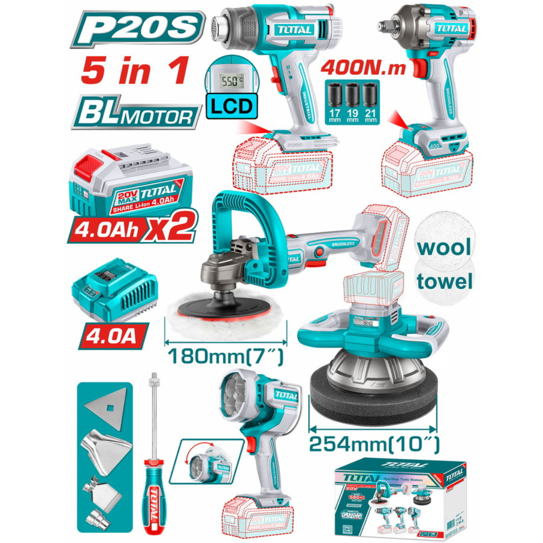 TOSLI250592E Επαγγελματικό σετ Total 5 εργαλείων μπαταρίας Li-ion 20V με 2 μπαταρίες 4Ah και BL motor, μοντέλο TOSLI250592E