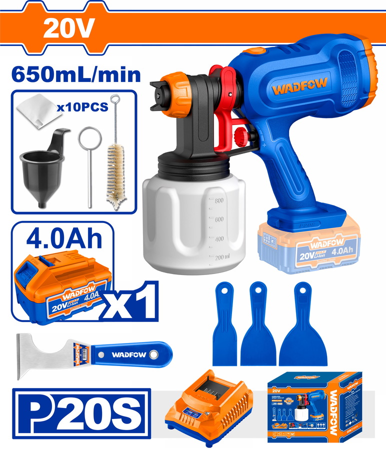 Σετ πιστόλι βαφής WADFOW μπαταρίας Li-ion 20V 4Ah με 1 μπαταρία, μοντέλο WSU30668E