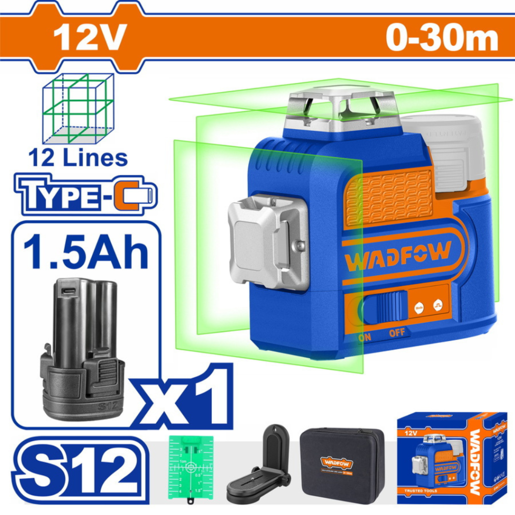 Αλφάδι laser WADFOW 12V 3D αυτο-οριζοντιούμενο σταυρού 0-30m με πράσινες ακτίνες, μοντέλο WLE8M12